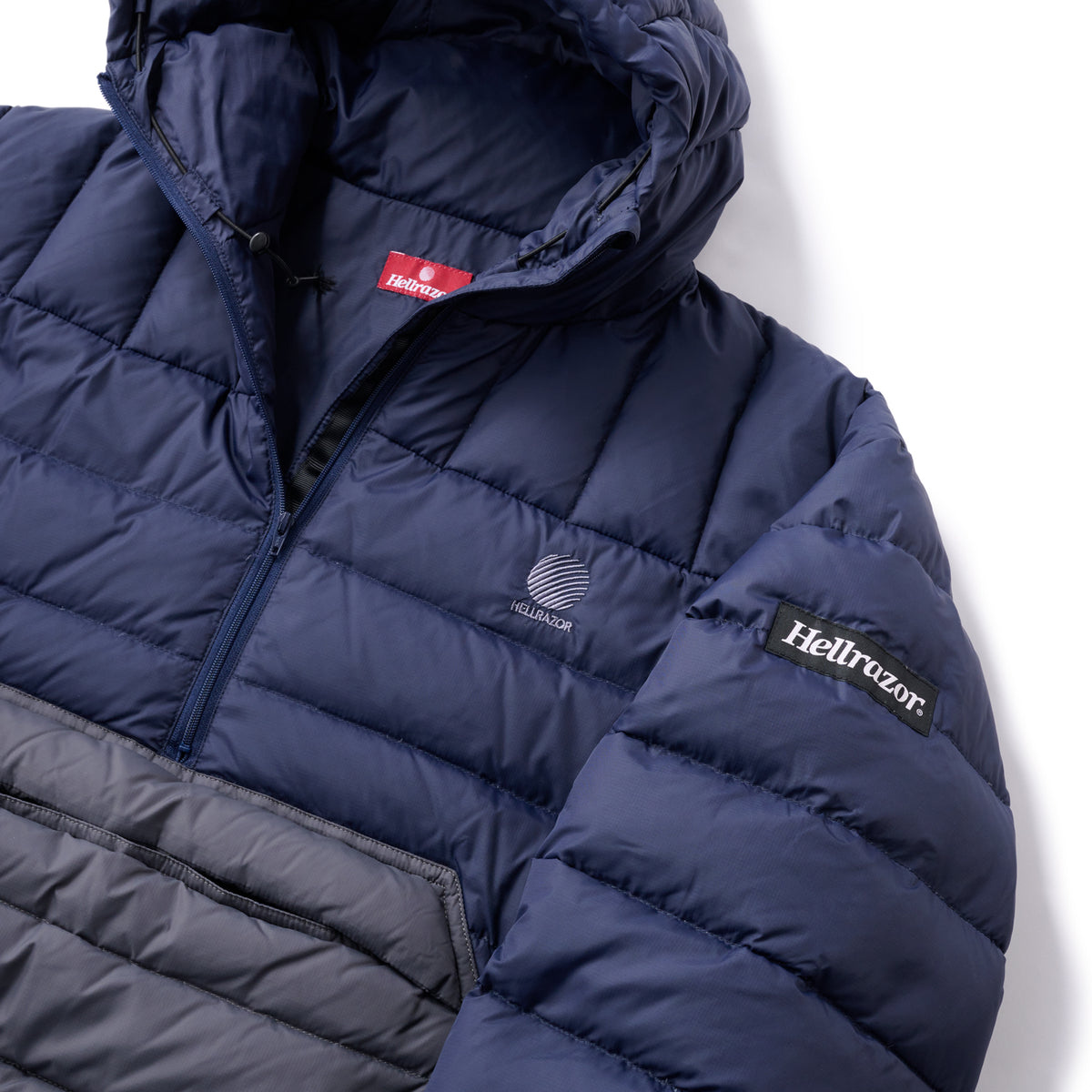 LOGO PULLOVER HOODED DOWN JACKET - NAVY/GREY – Hellrazor Online