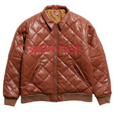 FAUX LEATHER DIAMOND QUILTED VIRSITY JACKET - CAMEL