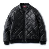 FAUX LEATHER DIAMOND QUILTED VIRSITY JACKET - BLACK