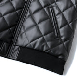 FAUX LEATHER DIAMOND QUILTED VIRSITY JACKET - BLACK