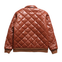 FAUX LEATHER DIAMOND QUILTED VIRSITY JACKET - CAMEL