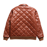 FAUX LEATHER DIAMOND QUILTED VIRSITY JACKET - CAMEL