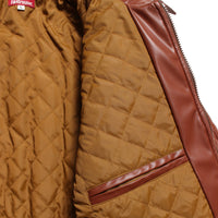 FAUX LEATHER DIAMOND QUILTED VIRSITY JACKET - CAMEL