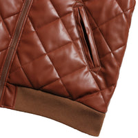 FAUX LEATHER DIAMOND QUILTED VIRSITY JACKET - CAMEL